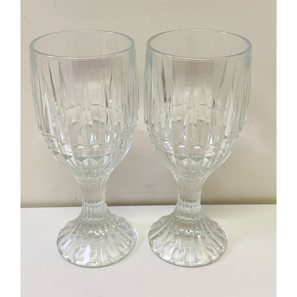 Unmarked Clear Faceted Glass Goblets Stemware Set of 2, 8 in Tall